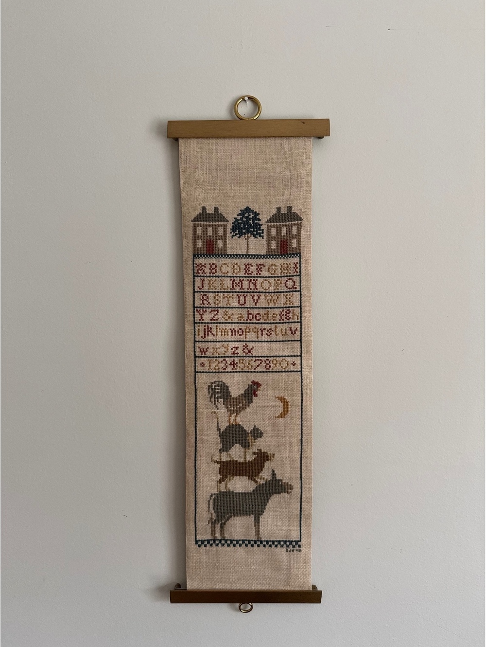 Vintage 1990s Cross Stitch Sampler Wall Hanging Bremen Town Musicians Folk Art